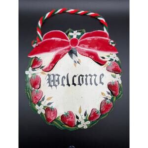 Hand Painted Strawberry Welcome Sign Metal Door Hanger Folk Art Rustic Decor